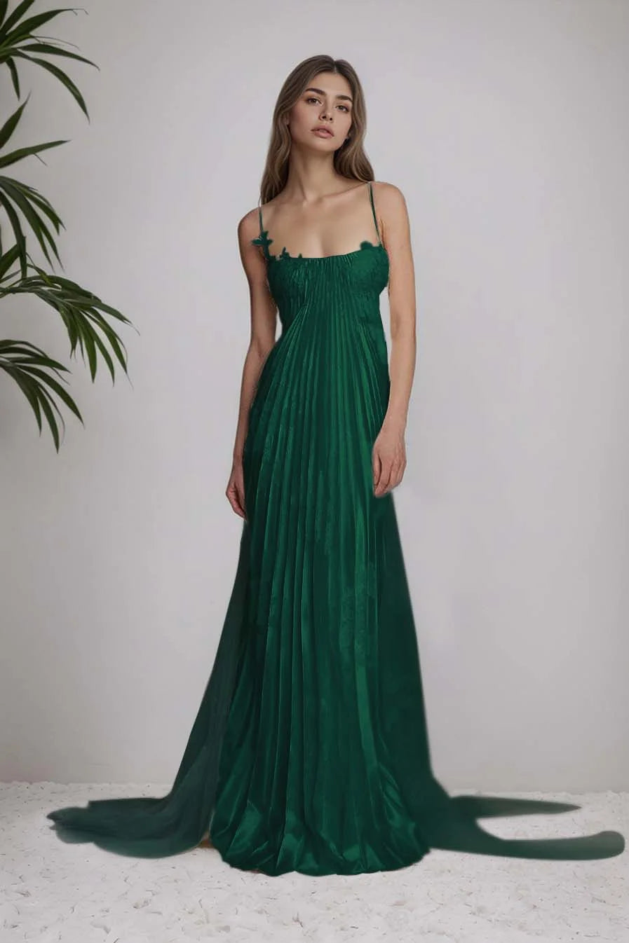 Stunning Spaghetti-Straps Pleated Sheath Appliques Prom Dress With Detachable Train