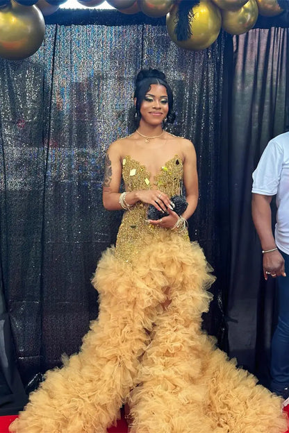 Gold Scoop Sleeveless Mermaid Tulle Prom Dress