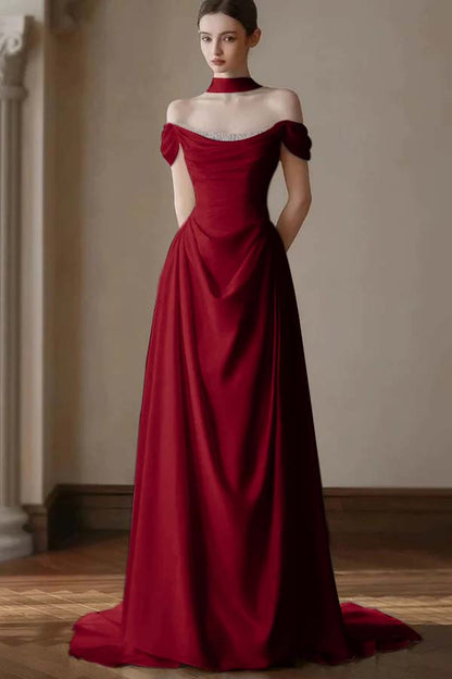 Elegant Off-the-Shoulder Prom Dress Pleated A-Line with Beaded