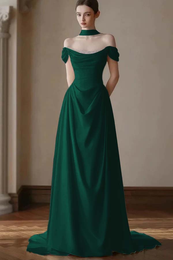 Elegant Off-the-Shoulder Prom Dress Pleated A-Line with Beaded