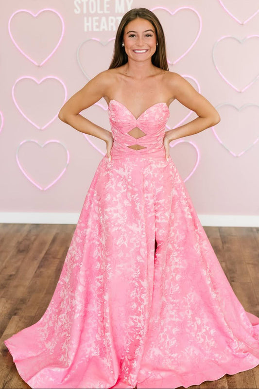 Cute A Line Sweetheart Pink Jacquard Satin Long Prom Dress
