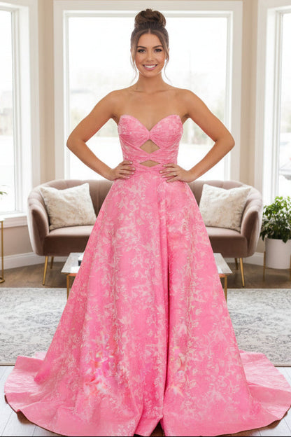 A Line Sweetheart Keyhole Pink Floral Printed Satin Long Prom Dress