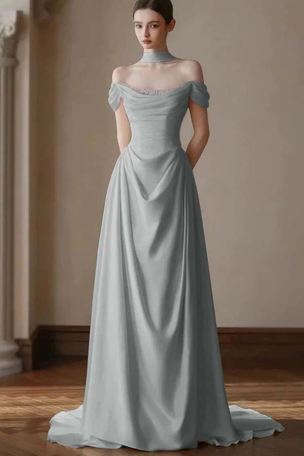 Elegant Off-the-Shoulder Prom Dress Pleated A-Line with Beaded