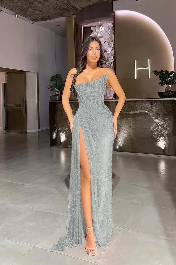 Red Strapless Gorgeous Split Sequins Prom Dress