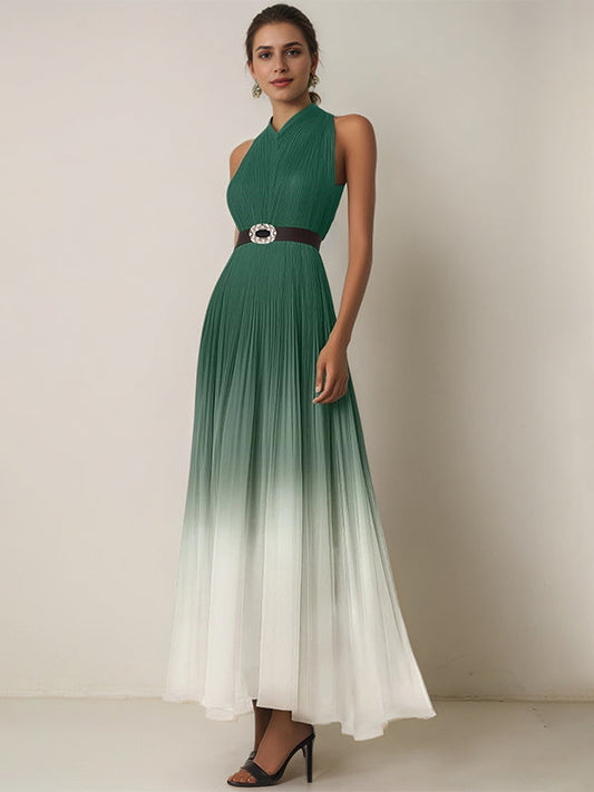 Evening Dress Green-White Ombre Pleated Chiffon Belt Ankle Length Dress