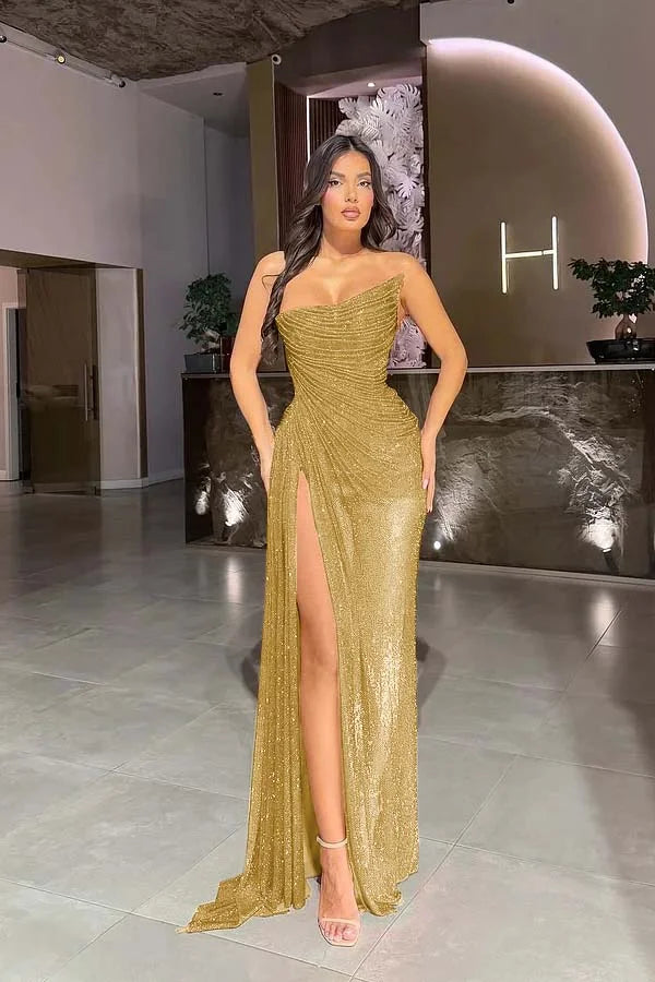 Red Strapless Gorgeous Split Sequins Prom Dress