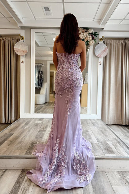 Mermaid Strapless Lilac Long Prom Dress with Appliques
