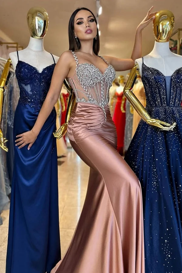 Rose Gold Beaded Gorgeous Mermaid Pleated Prom Dress