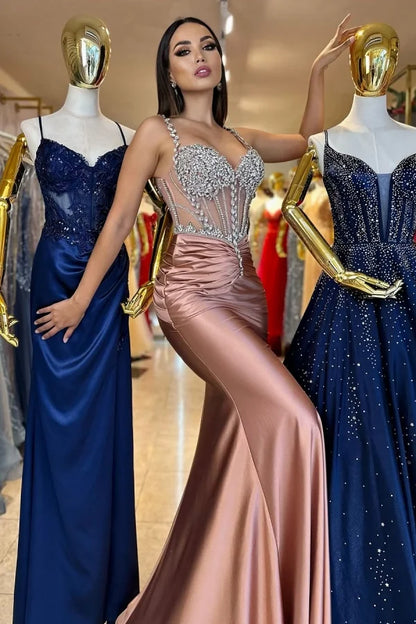 Rose Gold Beaded Gorgeous Mermaid Pleated Prom Dress
