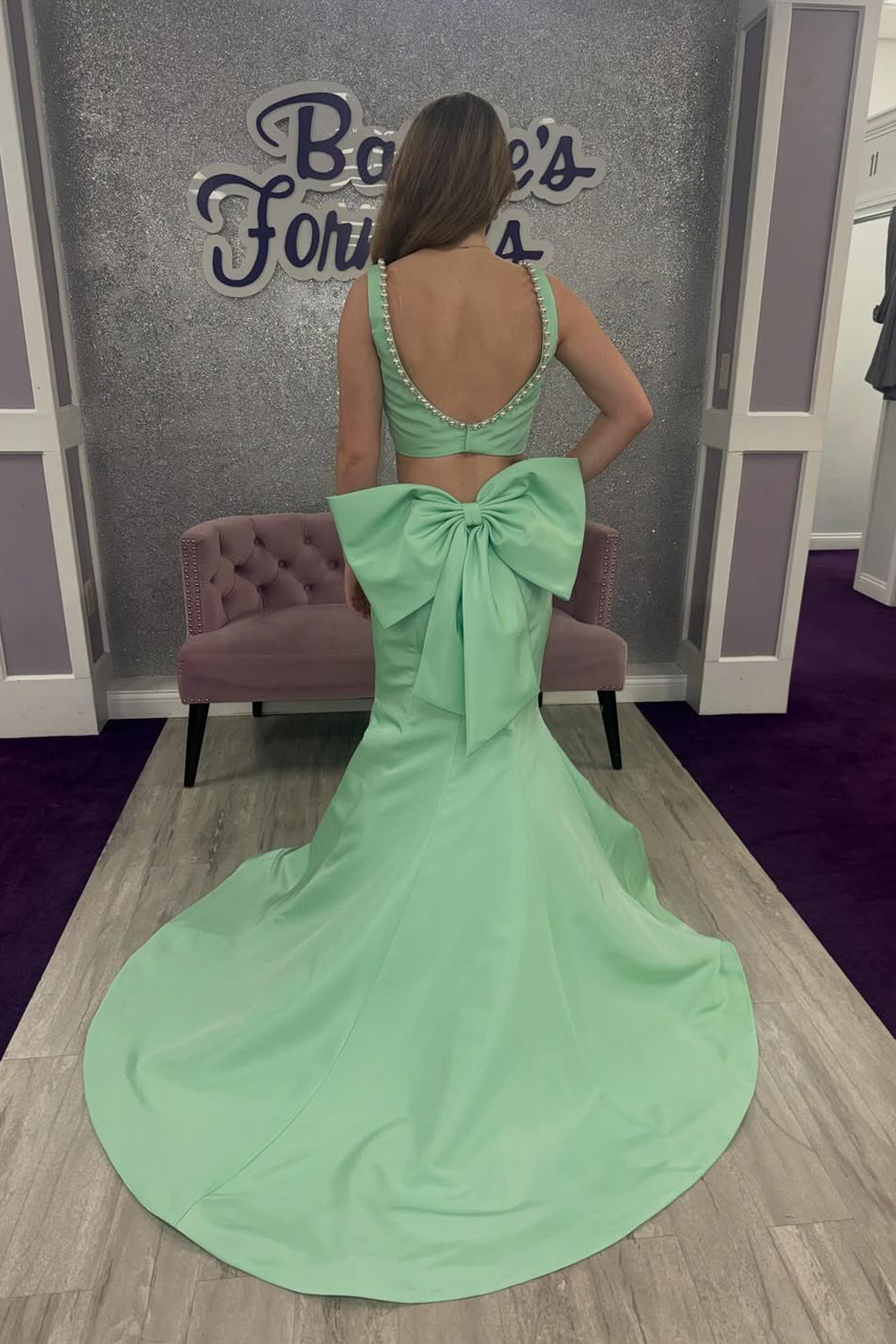 Gorgeous Mermaid Square Neck Mint Satin Prom Dress with Peals