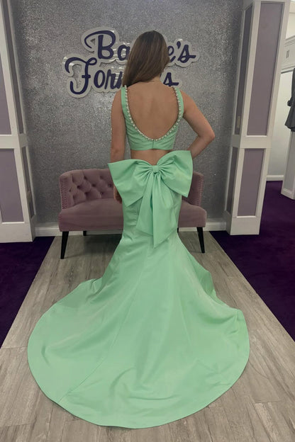 Gorgeous Mermaid Square Neck Mint Satin Prom Dress with Peals