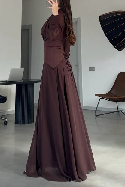 Pleated V Neck Puff Shoulder Long Sleeve Party Maxi Dresses