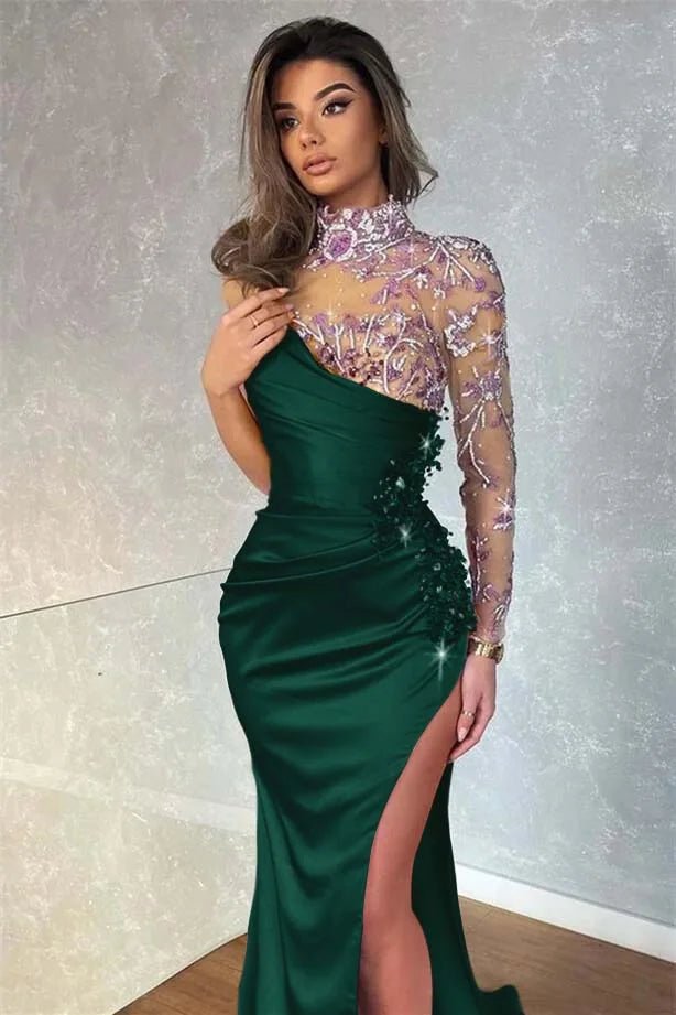 Dark Purple Split Appliques Mermaid High Collar Evening Dress