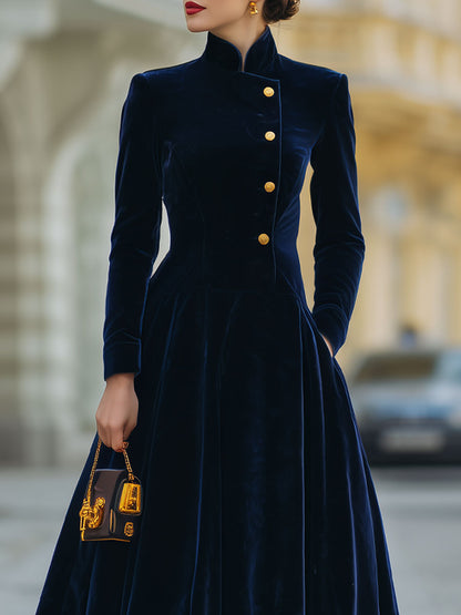 Luxe Navy Velvet A-Line Dress With Gold Accents
