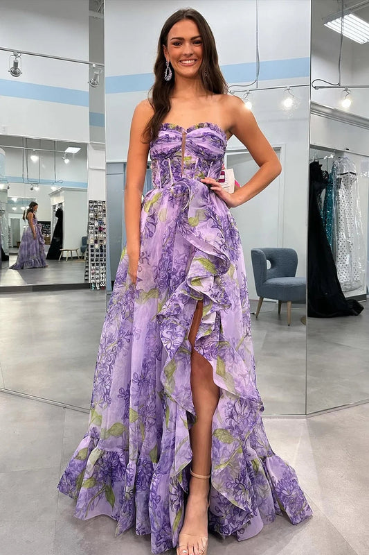 Lilac A-Line Corset Detachable Sweetheart Floral Long Prom Dress