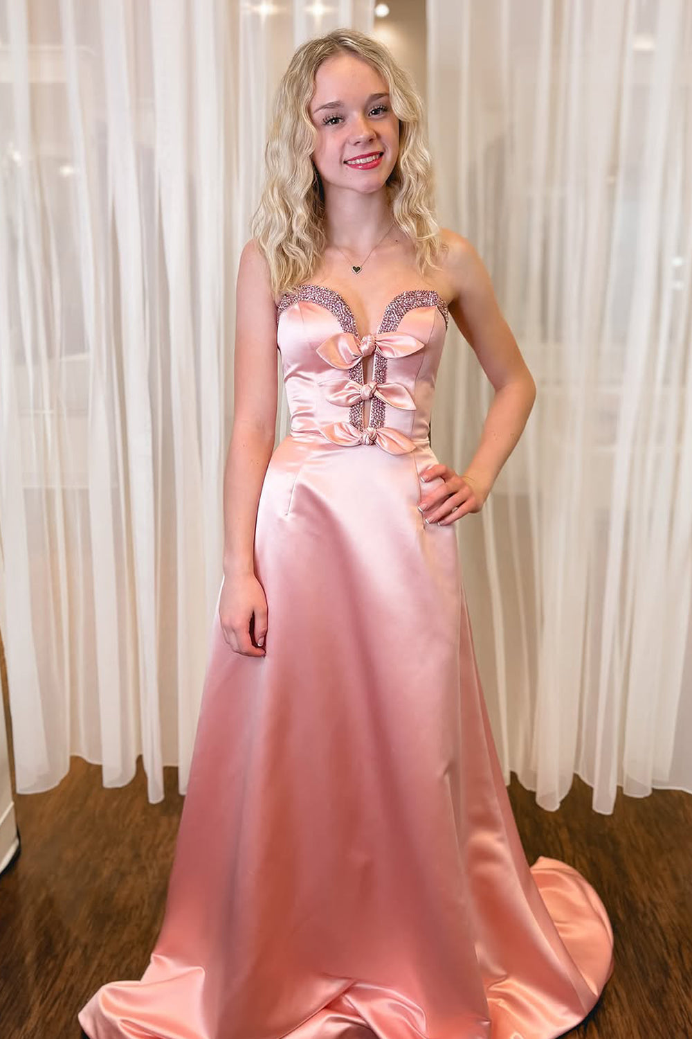 A-Line Strapless Pink Satin Long Prom Dresses with Bowknot