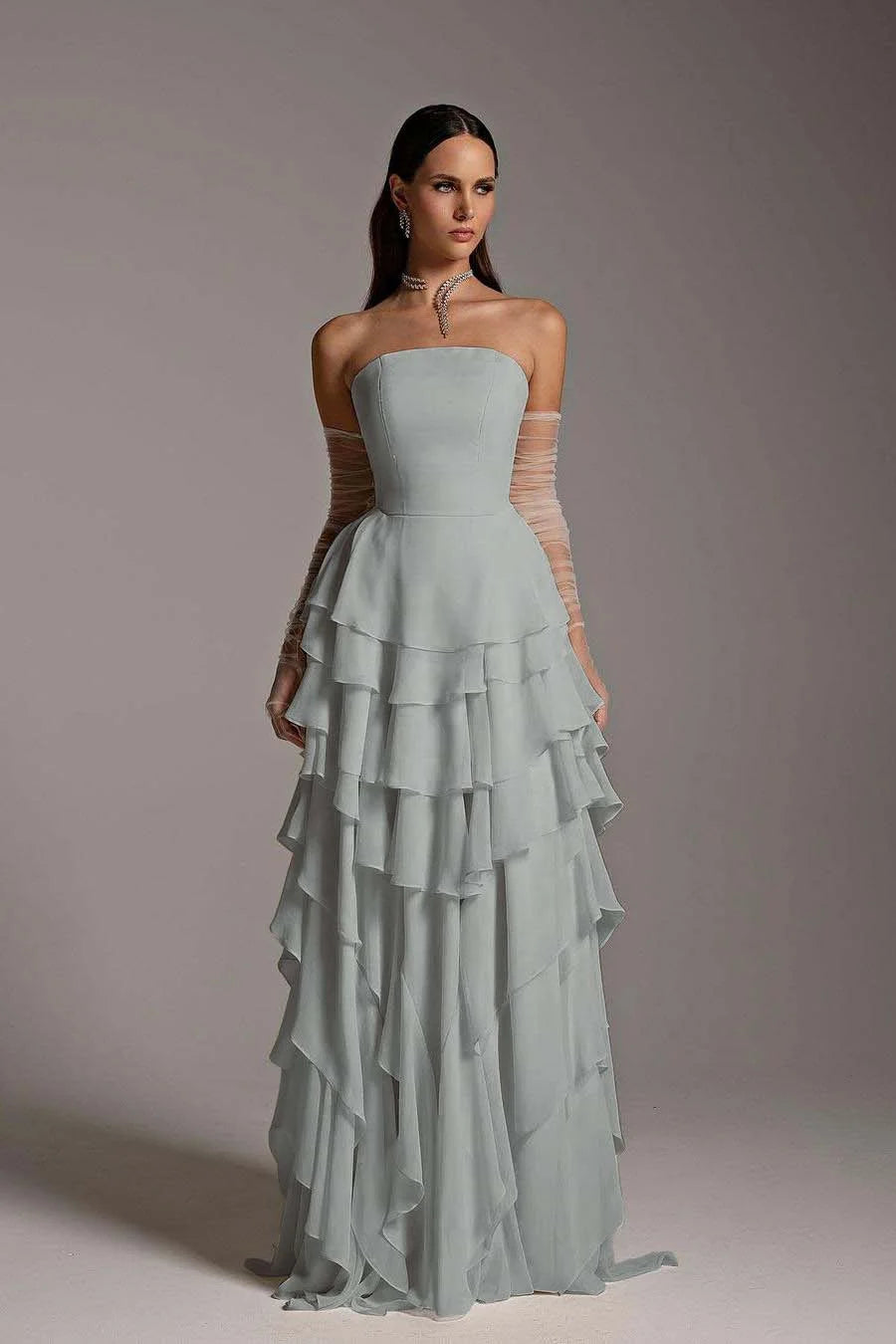 Chiffon Strapless Ruffles Elegant Prom Dress With Tulle Gloves