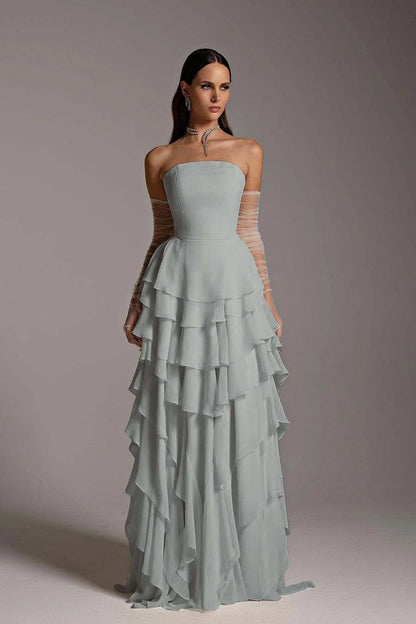 Chiffon Strapless Ruffles Elegant Prom Dress With Tulle Gloves