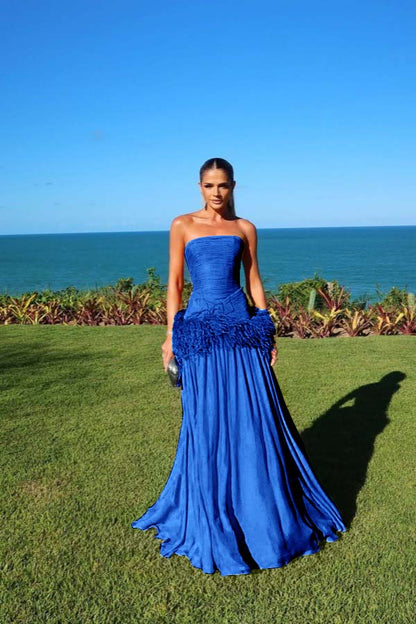 Chiffon Strapless Sleeveless Long A-Line Prom Dress With Pleated And Feathers