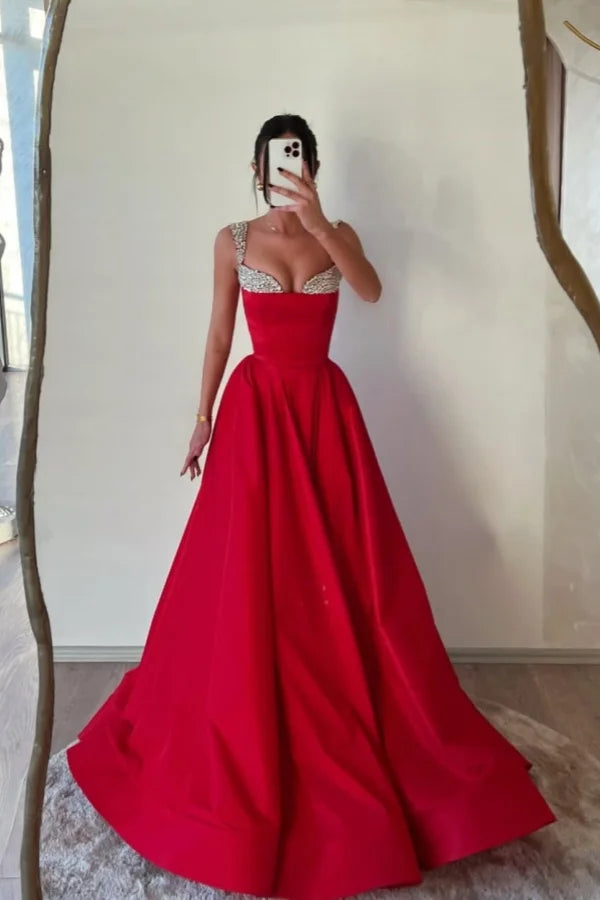 Red Formal A-Line Beaded Double Straps Prom Dress