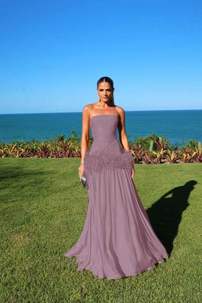 Chiffon Strapless Sleeveless Long A-Line Prom Dress With Pleated And Feathers