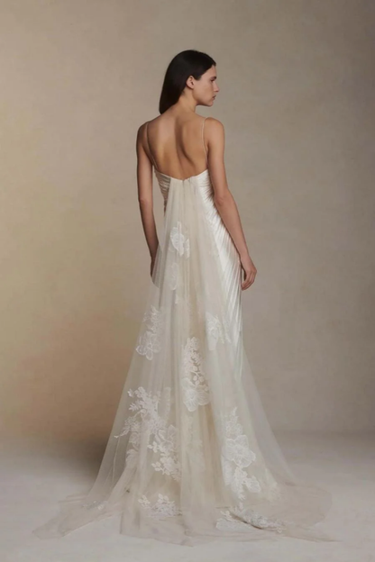 Stunning Spaghetti-Straps Pleated Sheath Appliques Prom Dress With Detachable Train