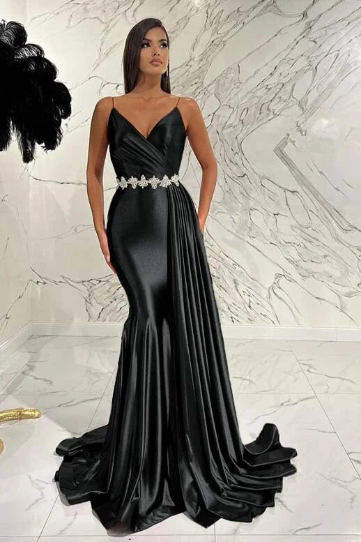 Elegant Red Spaghetti-Straps Deep V-Neck Mermaid Evening Dress With Belt Ruffles ED0472