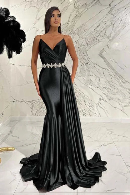 Elegant Red Spaghetti-Straps Deep V-Neck Mermaid Evening Dress With Belt Ruffles ED0472