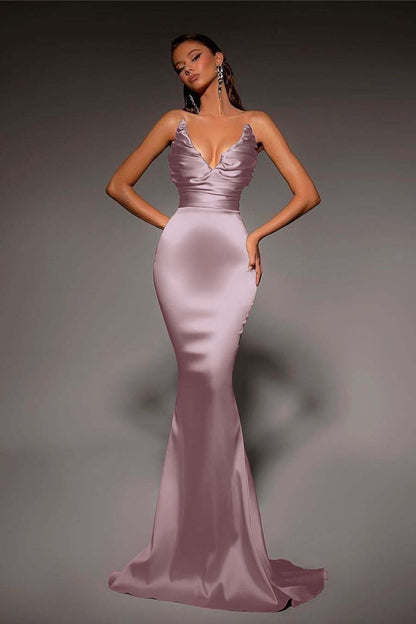 Strapless V Neck Sleeveless Long Mermaid Prom Dress With Pleated