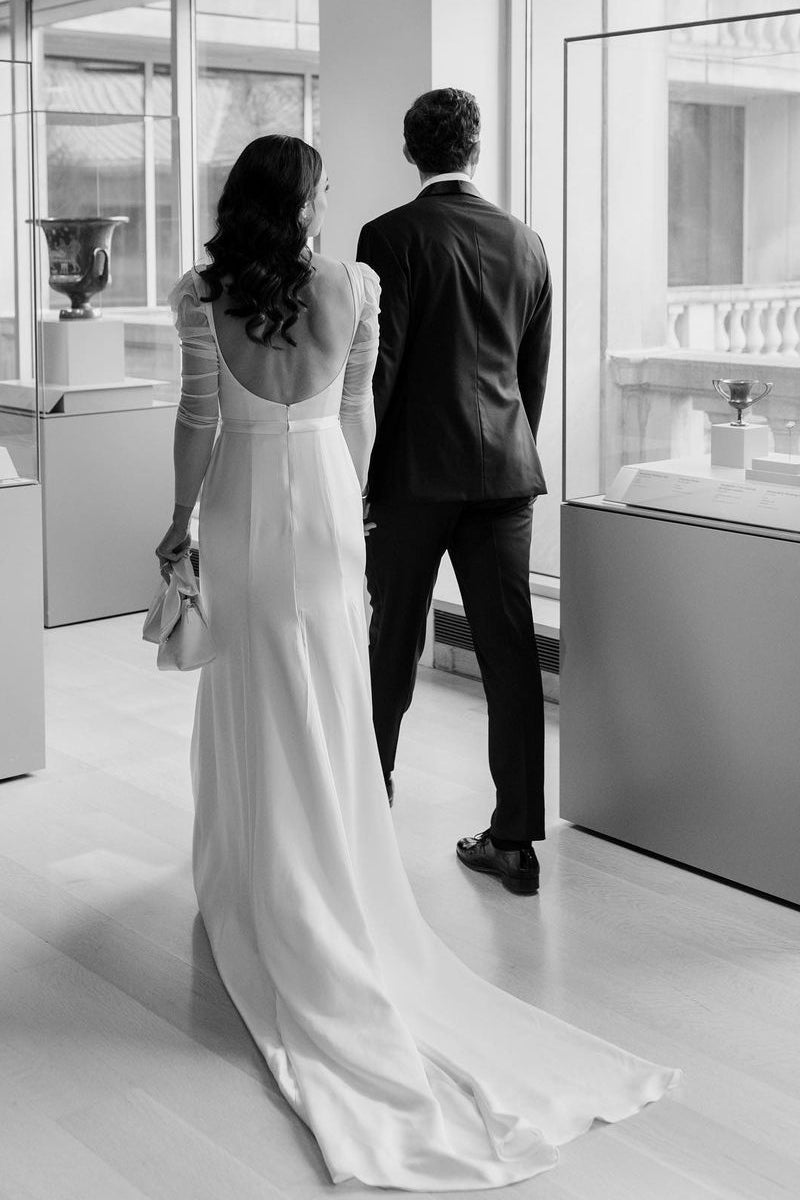 Charming Mermaid Square Neck Long Sleeves White Satin Wedding Dress
