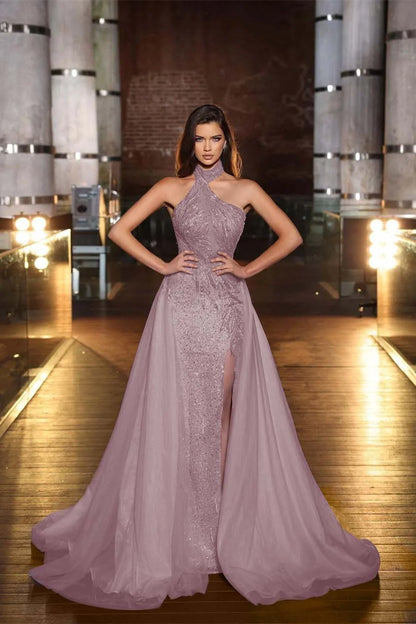 Charming Purple Evening Dress Sleeveless Strapless With Tulle Slit Sequins