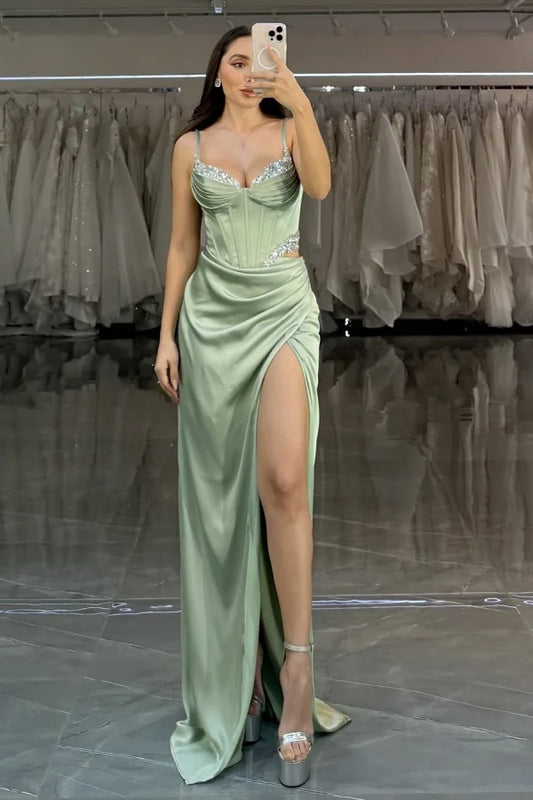 Light Green Spaghetti-Straps Sequins Split Pleated Prom Dress