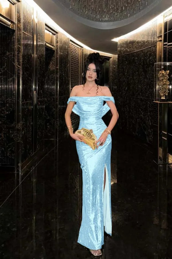 Champagne Solid Sequins Split Prom Dress