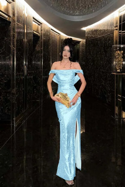 Champagne Solid Sequins Split Prom Dress