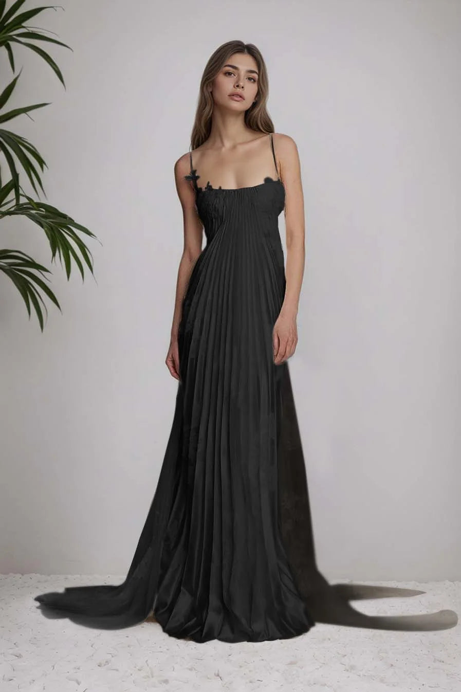 Stunning Spaghetti-Straps Pleated Sheath Appliques Prom Dress With Detachable Train