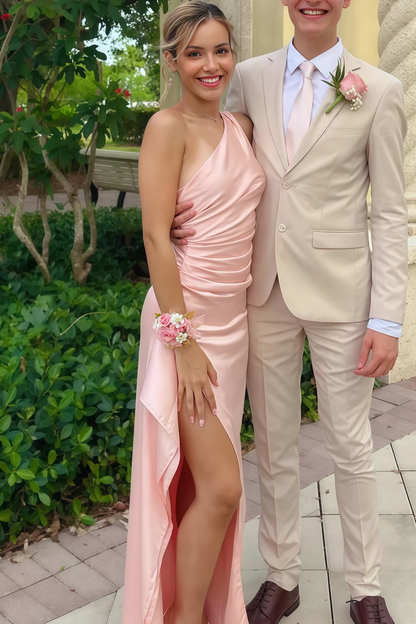 Sage Green One Shoulder Pleats Long Prom Dresses with Slit