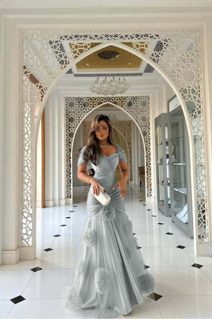 Sweetheart Short Sleeves Long Mermaid Prom Dress With Pleated