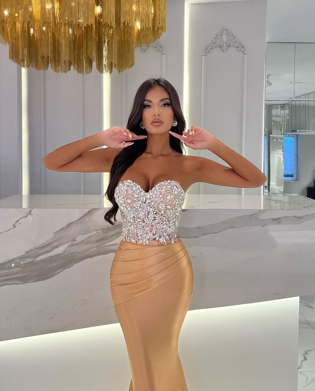 Gold Sweetheart Prom Dress Sleeveless Mermaid Satin with Rhinstone