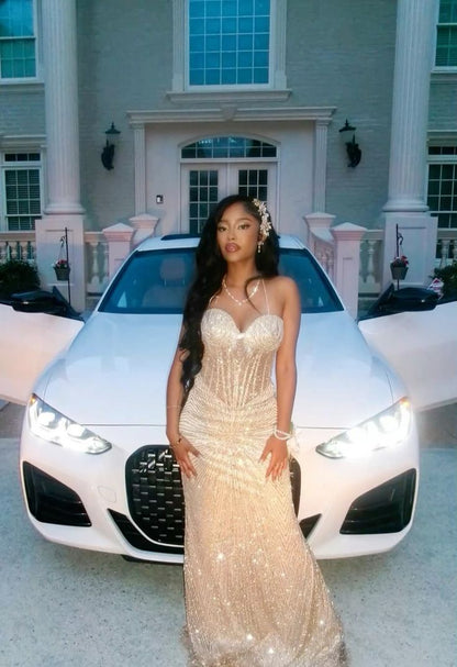 Black Women Prom Dresses With Beads Bodice Party Dress