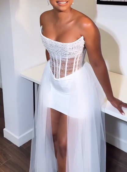 Short Strapless Pearls Beading Wedding Dress with Overskirt