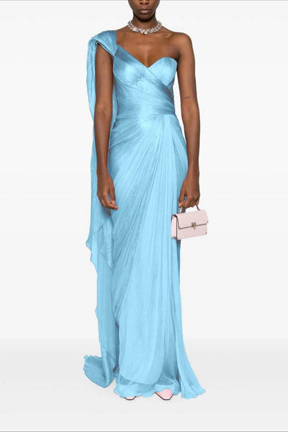 Asymmetric Neck One Shoulder Sleeveless Long Pleated Mermaid Prom Dress With Ruffles