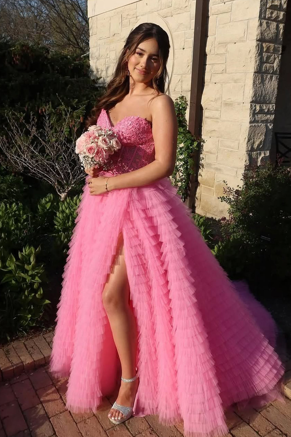 Pink Tiered Tulle Prom Dress with Slit