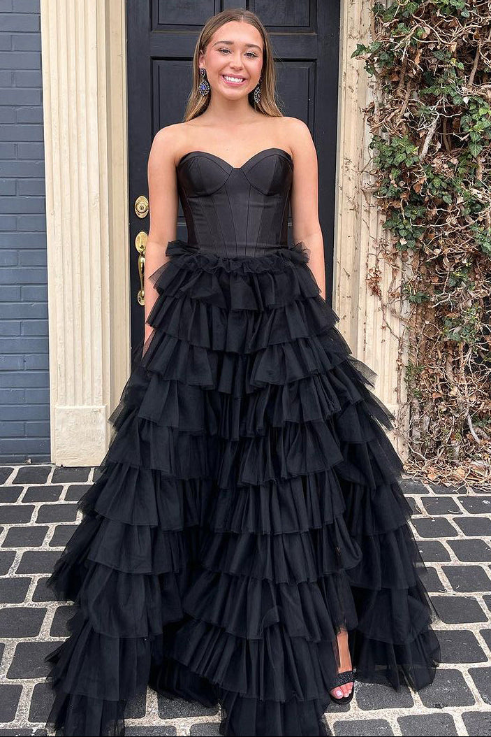 Cute Ball Gown Sweetheart Black Tulle Long Prom Dress