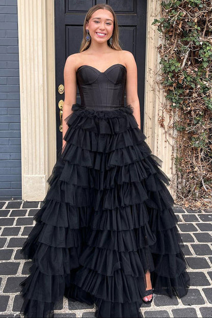Cute Ball Gown Sweetheart Black Tulle Long Prom Dress