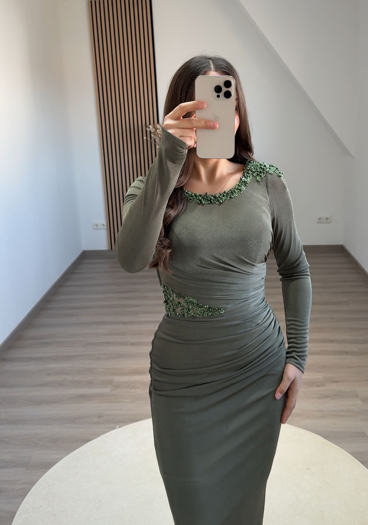 Long Sleeves Mermaid High Neck Prom Dress with Sequins Ruched Evening Party Dress