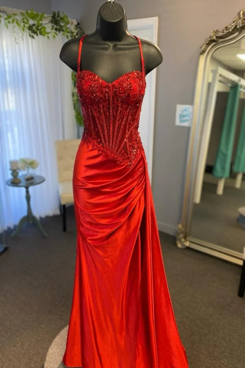 Split Spaghetti Straps Appliqued Mermaid Prom Dress