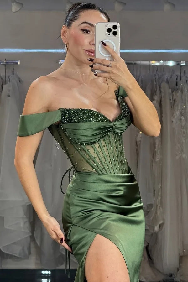 Green Off-The-Shoulder Beaded Split Evening Dress ZT0382