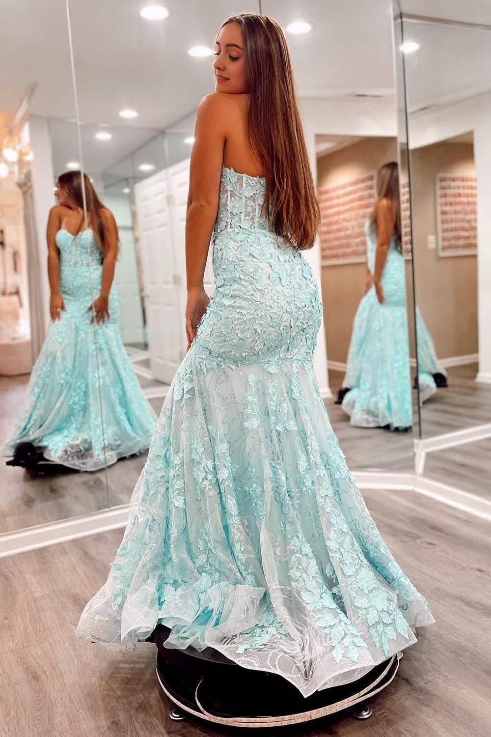 Cute Mermaid Sweetheart Lace Long Prom Dress with Appliques