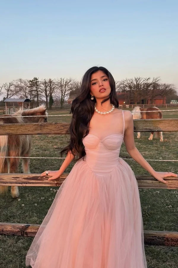 Pink  Sweetheart Spaghetti-Straps Tulle Prom Dress