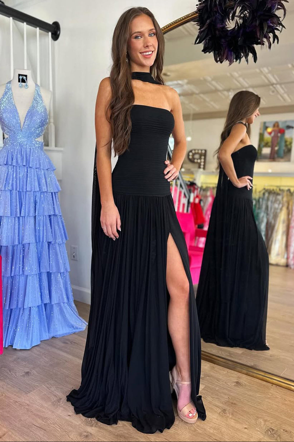 Cute Sheath Strapless Black Chiffon Prom Dress with Slit